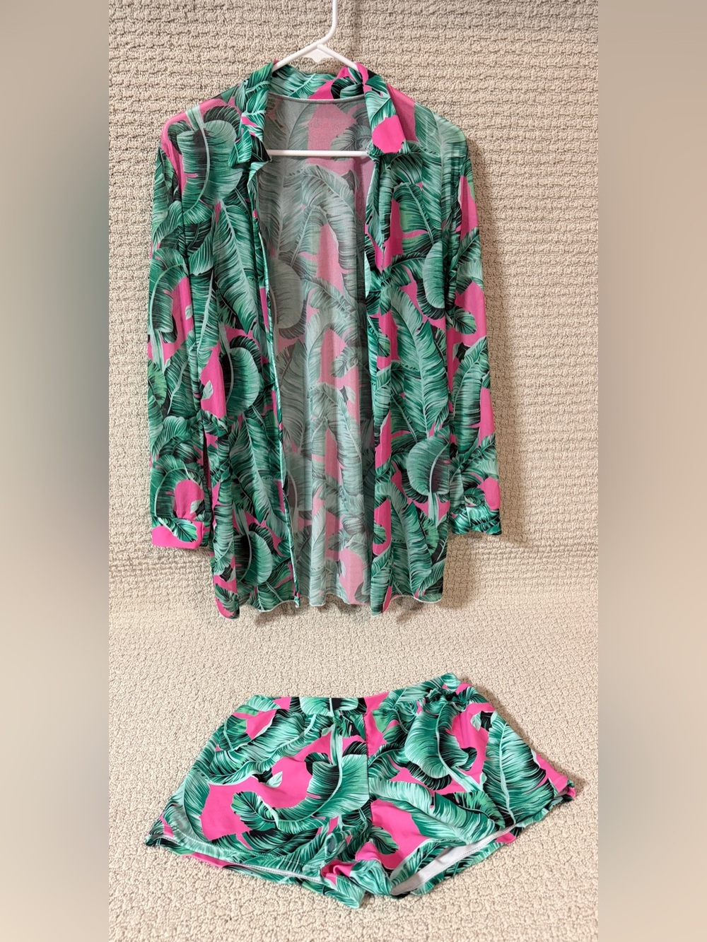 Tropical Leaf Green & Pink Women’s Swim Coverup Set
